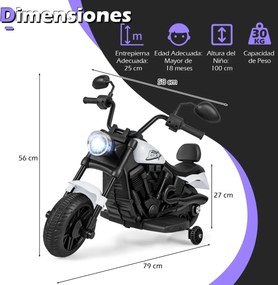 Mota elétrica infantil de 6 V com farol LED, música, 2 rodas, pedais de treino e espelhos retrovisores – a partir dos 18 meses – Preto + Branco