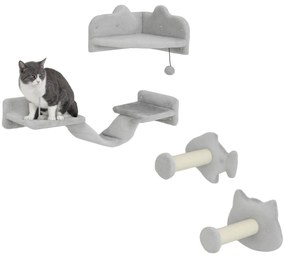 PawHut Conjunto de Prateleiras de Escalada para Gatos de 4 Peças Arranhador de Parede com 2 Postes de Sisal Plataforma Dupla com Escada e Plataforma para Saltar Cinzento