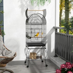 Gaiola para Pássaros com Rodas Bandeja Amovível Prateleira 2 Comedouros de Aço Inoxidável e Poleiro 51x51x153 cm Preto