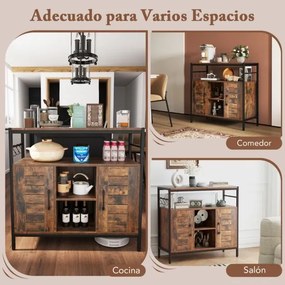 Aparador Armário 84 x 35 x 80 cm com 2 Portas Compartimentos Abertos Estantes Ajustáveis para Cozinha Sala de Jantar Castanho Rústico + Preto