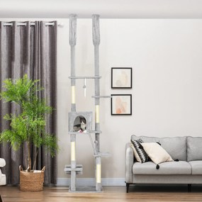 Árvore para gatos do chão ao teto, com arranhador, altura ajustável de 225 a 255 cm, 6 níveis e nicho com rede, cinza claro
