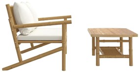 2 pcs conjunto lounge de jardim bambu c/ almofadões branco nata