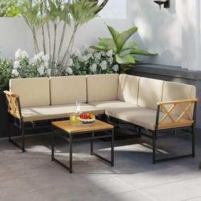 Conjunto Jardim de 4 sofás seccionais exteriores em L com Estrutura metálica, corda elástica e mesa de madeira de acácia bege