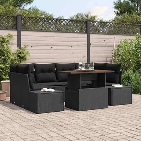 vidaXL Conjunto de Sofá de Jardim de 7 Peças com Almofadas Pretas em Rattan PE