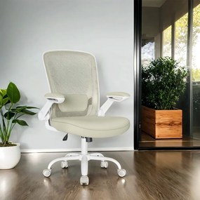 Cadeira de escritório com revestimento em malha e apoio lombar almofadado bege