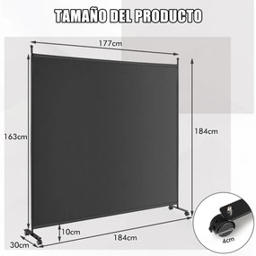 Biombo Divisória de ambientes 184 x 30 x 184 cm com painel único, tela de privacidade larga com rodas bloqueáveis Preto