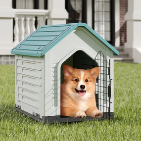 Casa de cachorro de plástico para acomodação de animais com porta de metal com fechadura, aberturas de ventilação e telhado inclinado cinza