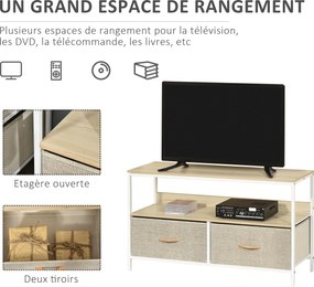 Móvel de TV baixo com pés, estilo industrial, com 2 gavetas, em tecido cinzento, madeira natural e metal branco