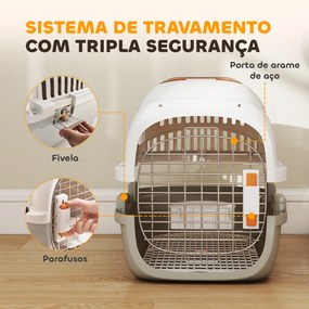 Transportadora para Gatos e Cães Pequenos de Plástico Suporta até 4 kg com Claraboia Taça Porta de Aço Cinzento Claro