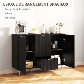 Aparador de sala ou cozinha com 3 gavetas 120 x 40 x 90 cm, prateleiras ajustáveis, armários com portas caneladas, preto