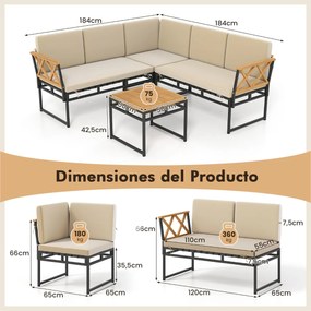 Conjunto Jardim de 4 sofás seccionais exteriores em L com Estrutura metálica, corda elástica e mesa de madeira de acácia bege