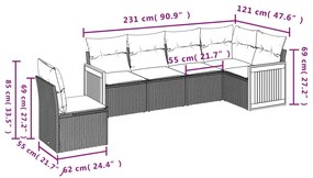 6 pcs conjunto sofás de jardim c/ almofadões vime PE preto