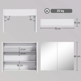 Armário de Casa de Banho com Espelho, 70 x 15 x 60 cm, Prateleira Ajustável, Branco
