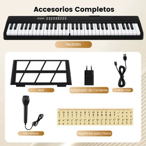 Teclado dobrável de 61 teclas com função Split 3 modos de ensino Microfone com alto-falantes duplos MP3 USB e MIDI 80 x 18,5 x 5,5 cm Preto