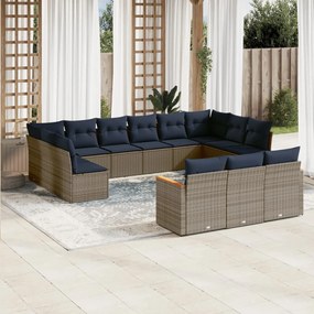 vidaXL 13 pcs conjunto sofás p/ jardim c/ almofadões vime PE cinzento