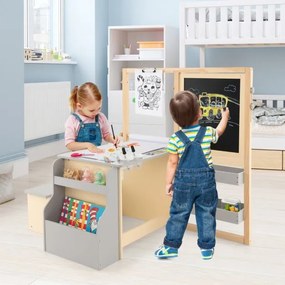 Conjunto de mesa e banco para crianças com cavalete ajustável de dupla face Quadro de giz magnético e rolos de papel substituíveis Cinzento