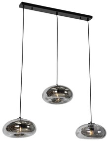 Candeeiro suspenso preto com vidro fumê alongado 3 luzes - Ayesha Art Deco