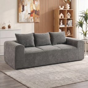 Sofá 3 Lugares em Chenille 220 cm, Sofá de Sala Moderna com Assento e Braços Largos, 3 Almofadas, Cinza
