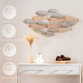 HOMCOM Decoração de Parede de Metal e Madeira 3D de Peixes 100x47cm Arte de Parede Metálica para Sala de Estar Dormitório Escritório Prata e Madeira