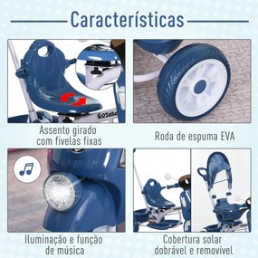 Triciclo infantil com toldo Barreira Apoio para os pés Luz e Música 93x51x94 cm Azul