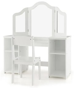 Toucador e cadeira para crianças com espelho triplo amovível 4 compartimentos de arrumação Branco