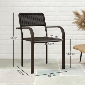 Conjunto de 4 Cadeiras de Jardim Exterior Empilháveis com Apoios de Braços Encosto e Estrutura de Aço 55x60x83 cm Castanho Escuro
