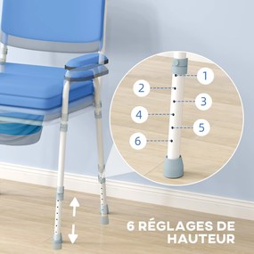 Cadeira sanitária multifunções com balde amovível, altura ajustável, com encosto, assento e braços almofadados, azul