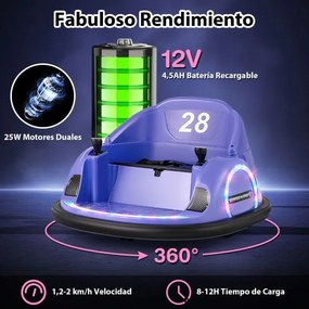 Carrinho choques elétrico para crianças 6v com controlo remoto, luz LED, buzina e música, rotação de 360° com cinto de segurança roxo