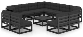 12 pcs conjunto longue jardim c/ almofadões pinho maciço preto