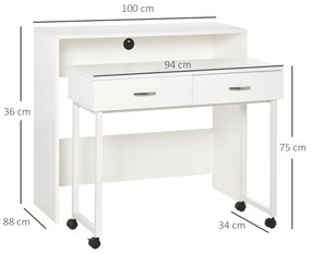 Conjunto de 2 mesas secretária para escritório com rodas 2 gavetas 100x36x88 cm Branco
