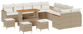 Conjunto de Sofás de Jardim de 14 Peças com Almofadas Bege Rattan Poly
