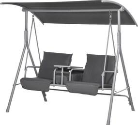 Baloiço de jardim de 2 lugares com toldo inclinável, tabuleiro central e 2 suportes para copos – 175 x 112 x 158 cm – cinzento