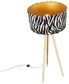 Candeeiro de pé em madeira com abajur em tecido zebra 50 cm - Tripod Classic Clássico / Antigo