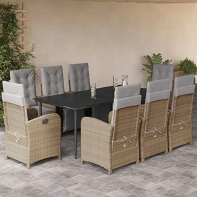 9 pcs conjunto de jantar p/ jardim com almofadões vime PE bege