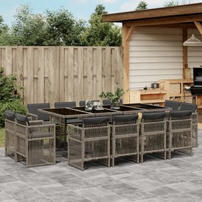 13 pcs conjunto jantar p/ jardim c/ almofadões vime PE cinzento