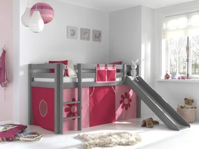 Conjunto Cama alta de Criança PINO 90 x 200 cm + estrado + escada + escorrega + cortina Flores Cinzenta