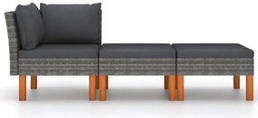 3 pcs conj. lounge jardim vime PE e madeira de eucalipto maciça