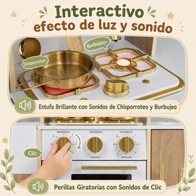 Cozinha Infantil de Brincar, 84 x 30 x 90 cm, Placa com Luz e Som, Natural+Branco