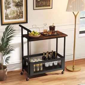 Mesa apoio ou carrinho de Cozinha 60 x 40 x 72 cm com Rodas e Pega 2 Níveis Prateleira Aberta e Cesto de Malha para Sala, Quarto, Cozinha Castanha Rús