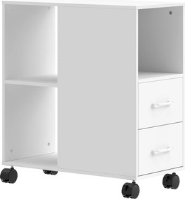 HOMCOM Mesa Minimal com Rodízios, 2 Gavetas, Compartimento Aberto e Prateleira Regulável, em Madeira, 60x30x65 cm, Branco | Aosom Portugal