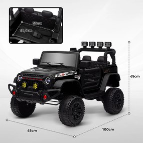 Carro Elétrico para Crianças com Bateria de 12V Controlo Remoto Bluetooth Faróis LED Buzina e Música 100x63x65 cm Preto