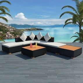 vidaXL 7 pcs conjunto lounge de jardim c/ almofadões vime PE preto