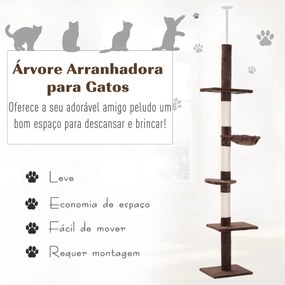 Árvore Arranhadora para Gatos Arranhador para Fixar ao Teto Altura Ajustável com Plataformas Poste de Sisal 40x34x230-260cm Marrom