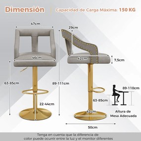 Conjunto de 2 bancos de bar giratório ajustável com apoio para os pés Base metálica tipo holandeses em veludo Cinzento e dourado