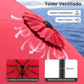 Guarda-sol jardim de 270 cm com 8 varas robustas, toldo ventilado resistente com inclinação por botão Vermelho