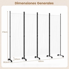 Biombo  Separador de Espaço Dobrável de 4 Painéis, 221 x 35,5 x 173 cm, Rodas Bloqueáveis, Branco