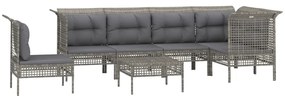 7 pcs conjunto lounge de jardim c/ almofadões vime PE cinzento