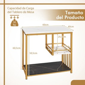 Mesa de apoio de 3 níveis com retangular de luxo com estrutura metálica e imitação mármore branca e dourada