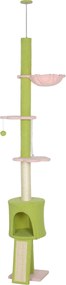 Arranhadores para gatos do chão ao teto, 5 níveis, altura ajustável de 220 a 240 cm, plataformas em forma de flor com arranhador, nicho e rede verde