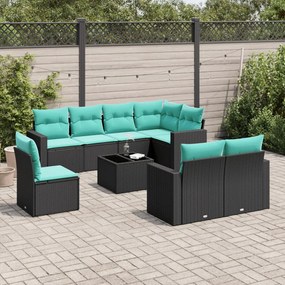vidaXL 9 pcs conjunto de sofás p/ jardim c/ almofadões vime PE preto